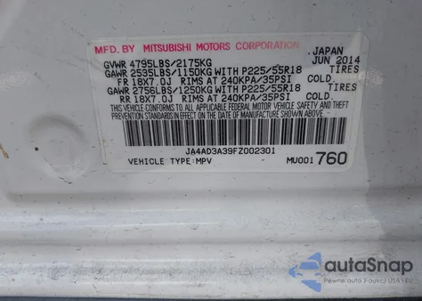 2015 Mitsubishi Outlander Se from USA, damaged, VIN JA4AD3A39FZ002301